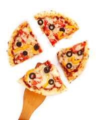 pizza with tomato cheese and olives isolated on white background