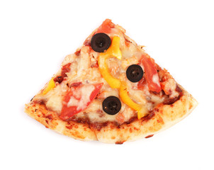 a piece of pizza with tomato cheese and olives isolated on white background