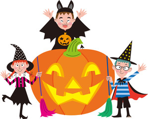 ハロウィン　かぼちゃ　仮装の子供たち
