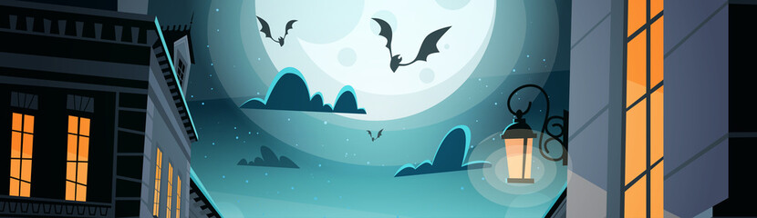 Night City With Bats In Sky Happy Halloween Party Celebration Concept Flat Vector Illustration