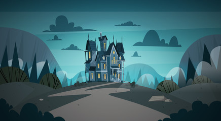 Gothic Castle House In Moonlight Scary Building With Ghosts Halloween Holiday Concept Flat Vector Illustration