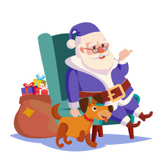 Santa Claus Sitting On Chair Vector. Funny Dog. Heavy Sack Full Of Gifts Boxes Vector. Blue Santa Suit. 2018 Year Of The Dog. Isolated On White Cartoon Character Illustration