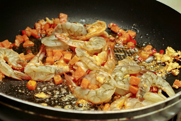 Homemade cooking,Fried Jasmine rice with prawns in yellow powder