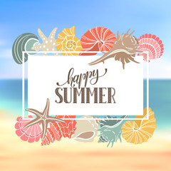 Obraz premium Summer time horizontal banner. Hand drawn sea shells and stars collection. Marine illustration of ocean shellfish. Colorful seashells arranged in stripe on beach background.