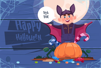 Cute Kid Wear Bat Costume, Happy Halloween Banner Party Celebration Concept Flat Vector Illustration