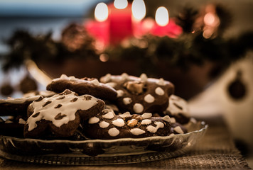 Plate full of Christmas gingerbreads - sweet food - Christmas cookies with festive decoration
