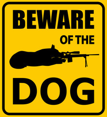 Beware of the dog sign. German shepherd with sniper rifle silhouette, vector illustration.