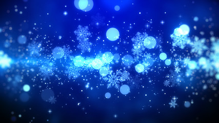 Blue bokeh and snowflakes lights on blue background with Christmas theme.