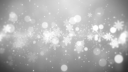 White bokeh and snowflakes lights on white background with Christmas theme.