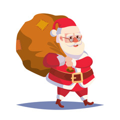Santa Claus Carrying Big Sack With Gifts Vector. Classic Santa In Red Suit. Good For Flyer, Card, Poster, Decoration, Advertising Design. Flat Cute Cartoon Illustration