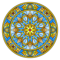 Illustration in stained glass style, round mirror image with floral ornaments and swirls