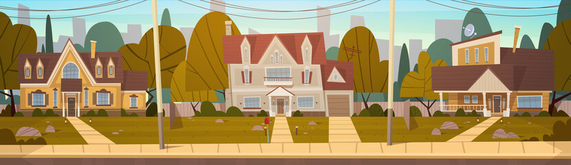 Houses In Suburb Of Big City In Summer, Cottage Real Estates Cute Town Concept Flat Vector Illustration