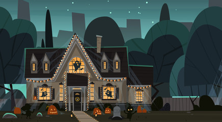House Decorated For Halloween Home Building Front View With Different Pumpkins, Bats Holiday Celebration Concept Flat Vector Illustration