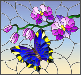 Naklejki  Illustration in stained glass style with a branch of purple Orchid and bright butterfly on a blue background