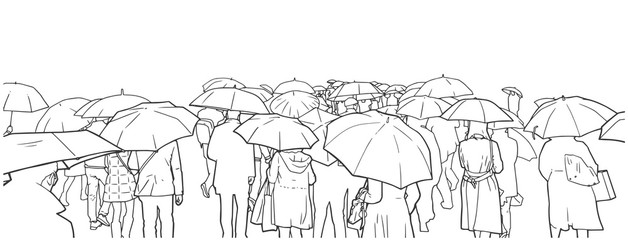 Illustration of crowd of people waiting at street crossing in the rain with rain coats and umbrellas