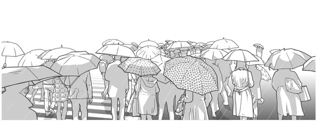 Illustration of crowd of people waiting at street crossing in the rain with rain coats and umbrellas in grey scale