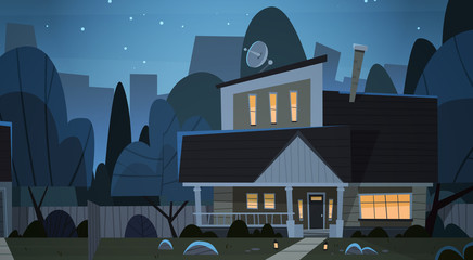 House Building Night View Suburb Of Big City, Cottage Real Estate Cute Town Concept Flat Vector Illustration