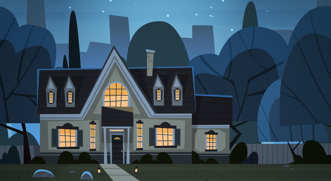 House Building Night View Suburb Of Big City, Cottage Real Estate Cute Town Concept Flat Vector Illustration