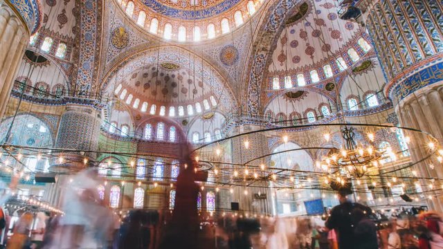 Pan timelapse of The Blue Mosque interior or Sultanahmet indoors in Istanbul city in Turkey