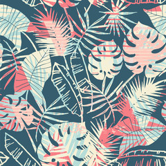 Seamless exotic pattern with tropical plants and geometric background.
