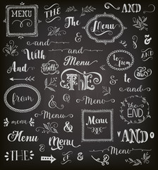 Fototapeta na wymiar Catchwords and phrases on chalkboard, with frames, swirls, arrows and decorative graphic elements