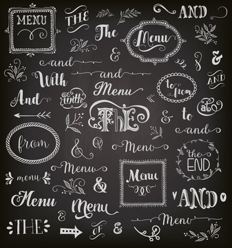 Catchwords and phrases on chalkboard, with frames, swirls, arrows and decorative graphic elements