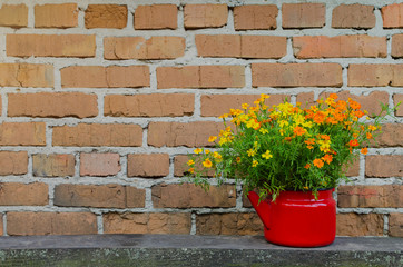 Flowers in flowerpot on the brick wall background