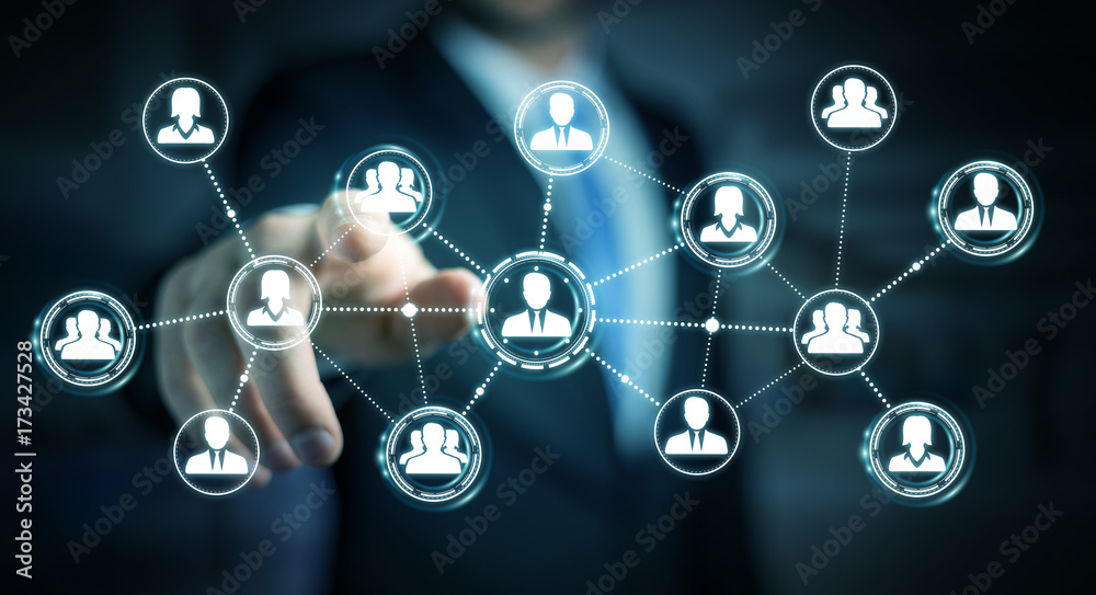 Poster Businessman using social network connection 3D rendering