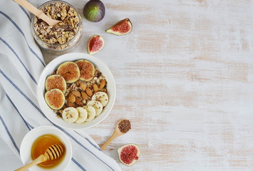 Healthy Fresh Breakfast Fig Banana Soy Milk Yogurt with Muesli Oat Granola Honey Close up Wooden Background Healthy Lifestyle
