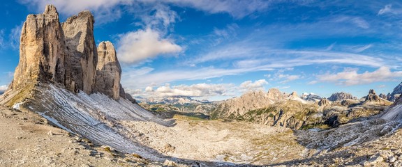 View at the Tre Cime di Lavaredo from Forcella Lavaredo in Dolomites - South Tirol ,Italy