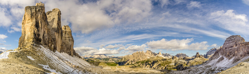 Panoramic view to the valley from Forcella Lavaredo near Tre Cime in Dolomites - Italy