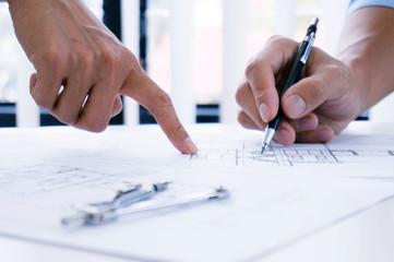 Architecture drawing on architectural project business architecture building construction and people concept.