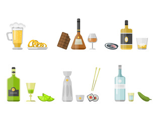 Alcohol drinks beverages cocktail appetizer bottle lager container drunk different snacks glasses vector illustration.