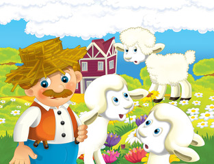 Obraz na płótnie Canvas cartoon scene with happy man working on the farm - standing and smiling with animals / illustration for children