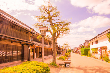 A road and the old  town  of Unno-juku is a post town and dozens of old buildings have been beautifully preserved  for the travelers of Hokkoku Road in Tomi-shi, Nagano Prefecture, JAPAN.