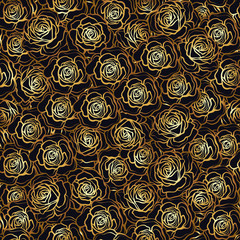 Rose flower seamless pattern. Gold roses on black background. St