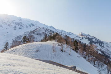 Fototapeta na wymiar The snow mountains of Tateyama Kurobe alpine with blue sky background is one of the most important and popular natural place in Toyama Prefecture, Japan.
