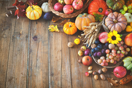 Autumn thanksgiving still life on wooden table