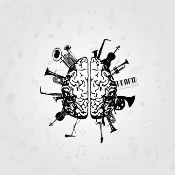 Music design vector. Black and white human brain with music instruments vector illustration