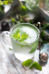Mint tea with fresh mint leaves. Top view