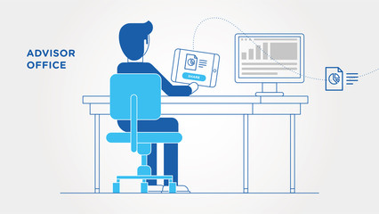 Business man entrepreneur in a suit working on a Tablet at his clean office desk. Flat style color modern vector illustration.