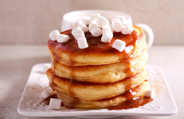 Pancakes with caramel sauce and marshmallow