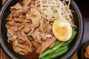 Pork rice with sauce in dish.
