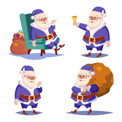 Santa Claus Set Isolated Vector. Cartoon Christmas Character. Classic Blue Suit. Xmas Design Element Illustration