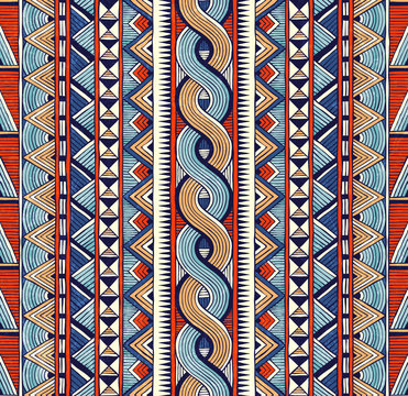 Tribal seamless ornament. Colorful abstract background in african style. Hand drawn vector illustration EPS 10.