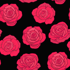 Seamless pattern with red roses on black background. Stock vecto
