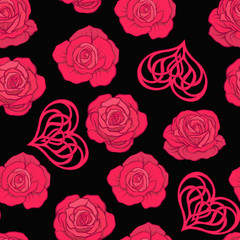 Seamless pattern with red roses and love heart on black backgrou