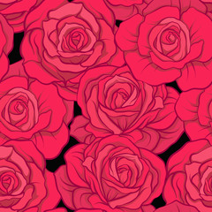 Seamless pattern with red roses on black background. Stock vecto