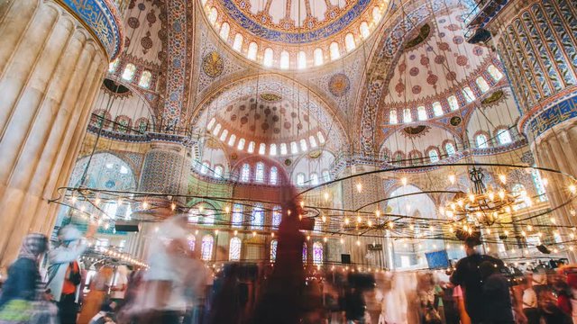 Zoom out Timelapse of The Blue Mosque interior or Sultanahmet indoors in Istanbul city in Turkey