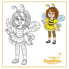 Naklejka premium Cute girl in bee costume color and outlined for coloring page